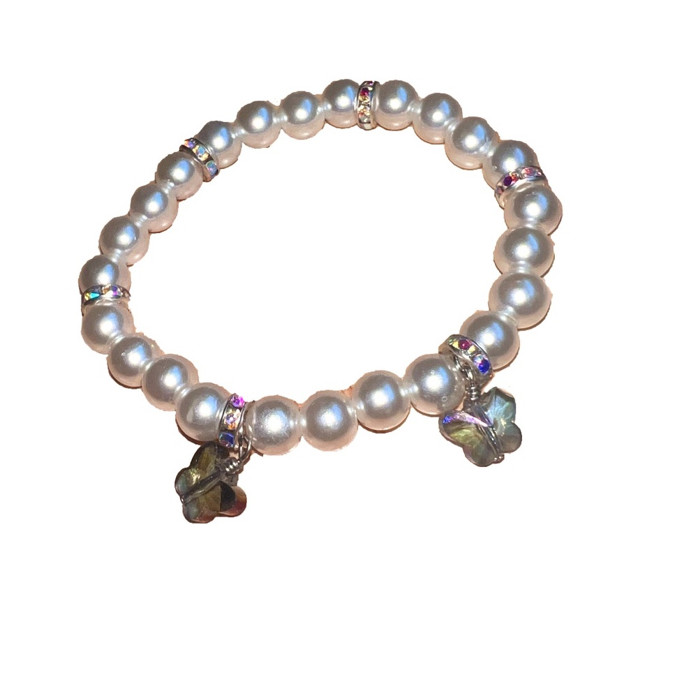 Handmade White Blingin Beaded Girly Bracelet with Butterfly Charms